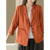 Novo Blazer Vintage Feminino Primavera e Outono, Cardigã Casual de Algodão e Linho com Gola Lapela