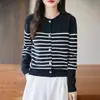 Novo cardigã de tricô com gola redonda de algodão puro, estilo outono precoce, blusa feminina listrada colorida de manga longa, solta, para primavera