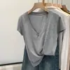 Camiseta Base de Lino y Algodón Rosa Girly con Escote en V y Copos de Nieve para Mujer, Nuevo Estilo Verano 2026, Camiseta Holgada de Manga Corta Estilo Perezoso