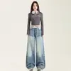 Jeans Anchos Lavados Arrugados Estilo Americano para Mujer, Nuevo Estilo de Verano, Sueltos y con Caída, Pantalones Versátiles de Cintura Alta, Pierna Recta, Largo hasta el Suelo