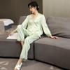 2026 Nuevo Pijama de Mujer Primavera y Otoño Seda de Hielo Manga Larga Pantalón Largo Conjunto Transmisión en Vivo Dropshipping Sexy Encaje Ropa de Casa Verano