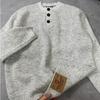Suéter de cuello Henry retro estilo americano gris para hombre, estilo holgado de invierno, suéter de punto de alta calidad, chaqueta de corte limpio