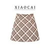 Saia lápis de lã para outono e inverno, saia curta versátil vintage nova para mulheres, saia xadrez de cintura alta em linha A para afinar, para mulheres baixinhas