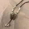 Collar de Cerámica con Cuentas de Mariposa Estilo Bohemio Retro Cadena Larga Versátil para Suéter Estilo Zen Étnico Apilable