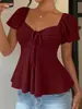 Nova T-shirt de Verão 2026 Amazon Tume Estilo Europeu e Americano Decote V Cordão Sexy Manga Curta Cor Sólida para Mulheres
