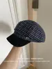 Novo chapéu boina xadrez, estilo coreano, outono e inverno feminino vintage, estiloso, versátil, chapéu octogonal de lã que afina o rosto