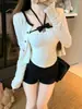 Cardigan Outerwear de Renda Estilo Tweed para Mulheres no Outono e Inverno Top Tubo Sexy de Alça Fina Puro Laço Suspensório Conjunto de Duas Peças