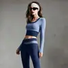 Conjunto de Yoga con Bloques de Color y Costuras para Mujer Manga Larga con Almohadillas en el Pecho Pantalones de Yoga de Cintura Alta Cubre Imperfecciones Muestra Piernas Delgadas Conjunto Deportivo de Fitness