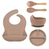 Vajilla de Silicona para Niños Set de Vajilla para Bebé Caja de Regalo Tazón con Ventosa Cuchara Plato Babero Plato para Complementos Alimenticios de Silicona
