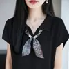 Camiseta de punto Tencel con cuello polo de manga corta para mujer, Top de verano con bloque de color y cinta de seda, Prenda básica holgada de media manga