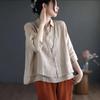 Camisa Feminina Retro Artística Falsa de Duas Peças de Algodão Linho Manga Curta, Novo Estilo de Verão, Blusa Elegante de Manga Três Quartos para Mulheres