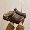Aumento de 5cm Superfície de Couro Mais Veludo Birkenstock Chinelos de Dedo para Mulheres Inverno Roupa Externa Nicho Retro Sola Grossa Quente Chinelos de Algodão Peludo