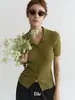 Suéter de punto Biebe estilo retro con cuello polo artístico para mujer, estilo fino de verano, elegante y adelgazante, hombro normal, top de manga corta
