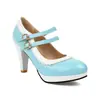 Nova cor combinando alça de renda queimada boca rasa sapatos de camada única sola grossa couro envernizado sapatos femininos salto alto grosso 32-48 sapatos de comércio exterior