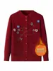 Roupas para mãe de meia-idade e idosa, estação outono e inverno, tricô feminino solto, quente, camada base, blusa, cardigã, bordado, peça externa espessa