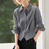 Nova Coleção Outono 2026 Estilo Francês Elegante Feminino, Camisa Social Elegante Cinza A10281, Cintura Marcada Slim Fit, Blusa para o Trabalho