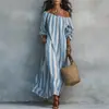 Vestido Longo Azul e Branco com Listras Verticais, Manga Longa, Bolso Lateral, Off-Shoulder para Férias - Edição Transfronteiriça 2026 para Mulheres