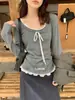 Blusa Fashionável Versátil Slim Fit Manga Longa Gola U Babado Laço Estilo Coreano Outono Chá Verde Limão 11289