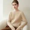 Suéter de punto trenzado de cuello redondo de siete puntos 100% cachemira pura para mujer, jersey de color liso, camisa base cálida casual de manga larga