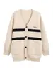 Suéter de rayas de colores de bloques holgado de marca china de moda, unisex, chaqueta cárdigan de punto estilo casual americano para otoño e invierno, cuello en V