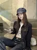 Chaqueta de mezclilla azul retro americana para mujer, nueva chaqueta corta casual de otoño 2025 con cuello de solapa para figuras petite