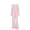 Pijama cruzado de otoño e invierno nuevo europeo y americano, conjunto de top de punto calado estampado con tirantes y pantalones largos con volantes, ropa para el hogar