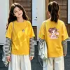 Camiseta de manga larga de algodón puro para niñas, con estampado de dibujos animados lindos y rayas, top básico de otoño para niñas, adecuado para tallas medianas y grandes