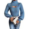 Otoño e Invierno Europeo y Americano Suéter de Cuello Alto Azul Tejido Calado Trenzado Manga de Farol Ajustado Moda Transfronteriza Tejido Sexy