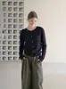 Cardigan de tricô azul marinho jacquard estilo coreano de manga longa para mulheres, look de outono precoce com design único, top de comprimento curto