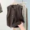 Jaqueta cardigan feminina sem mangas, gola redonda, de abotoar, corte solto, estilosa, couro PU com forro, versátil para o outono