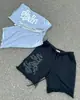 Pantalones cortos de chándal Y2K de imitación de dos piezas a cuadros a la cintura para mujer, estampado de letras estilo americano, pierna ancha con cordón, casual, de alta costura