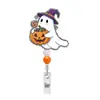 Clip de insignia retráctil de fácil extracción giratorio de acrílico con cuentas de fantasma, castillo, calabaza y purpurina para Halloween