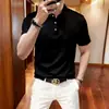 Camiseta tipo polo casual de manga corta, color liso, de seda helada, sin costuras, de marca francesa de alta gama, para hombre, elástica, corte ajustado, sin arrugas, antiarrugas