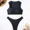 Biquíni de Duas Peças Estilo Europeu Feminino Novo de Alta Qualidade Cor Sólida Com Efeito Levanta Bumbum Emagrecedor Roupa de Banho para Férias na Praia Feminino