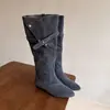 Botas Longas Plissadas Femininas para Aumentar a Altura 2026, Estilosas e Modernas, Botas de Meia-Canela Vintage para Uso Duplo no Outono, Botas Western Cowboy com Bico Fino