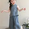 Conjunto de Verão Sem Mangas para Meninas Estilo Chinês Novo Estilo Novo Conjunto Chinês de Duas Peças Traje Antigo Colete Jeans Infantil Em Estoque