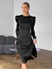 Otoño e Invierno Nuevo Vestido Estilo Hepburn Francés de Cuello Redondo y Manga Abullonada para Mujer de Cintura Alta y Línea A de Satén Vestidito Negro de Alta Gama