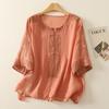 Camiseta Retro Estilo Chinês Bordado Pesado Feminina Verão Solta Efeito Emagrecedor Top Estilo Literário Camisa Pequena Plus Size Moda Feminina