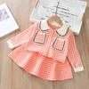 Abrigo cárdigan de punto estilo Chanel pata de gallo para niña, falda de lana, traje de punto de dos piezas para niña, falda