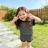 Conjunto de verano para niñas de moda europea y americana transfronterizo: Conjunto deportivo casual de camiseta de manga corta con cuello redondo a rayas y pantalones cortos