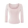 Camiseta Rosa para Mujer, Verano, Cuello en U Amplio, Corte Entallado, Mangas Tres Cuartos, Hombro Normal, Camiseta, Estilo Chica Picante Americana, Estilo Deportivo, Top Adelgazante