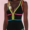 2026 Nuevo Bikini de Una Pieza Amazon Color Sólido Patchwork Bloques de Color Sexy Huecos Transfronterizo Europeo y Americano