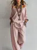 Conjunto de Verano Nuevo Casual Holgado de Lino con Mangas Tres Cuartos + Pantalones de Pierna Ancha para Mujer - Sitio Independiente de Amazon Transfronterizo Europeo y Americano