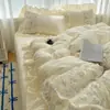Juego de cuatro piezas de algodón lavable y agradable para la piel estilo princesa francesa Corazón de niña Encaje Sábana Cubre edredón Ropa de cama 4