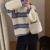 Suéter de punto grueso casual de manga larga con bloques de color a rayas, nuevo, holgado, adelgazante, para mujer, de alta gama, Dongdaemun, Corea