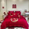 Juego Sencillo de Cuatro Piezas para Boda China Bordado de Dragón Rojo Grande y Fénix Sábana de Cama de Boda Funda de Edredón Ropa de Cama de Boda