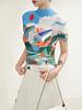 Playera de Cuello Alto Miyake para Mujer, Estampado de Diseño Nicho, Elegante Elegante, Playera de Manga Corta, Top Plisado Versátil Adelgazante