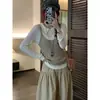 Top de punto de dos piezas de alta gama estilo coreano con bloques de color, cuello y mangas largas ajustadas, de la marca Yiwen Qingwu.