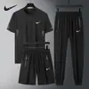 Traje Deportivo Casual de Seda de Hielo para Hombre, Nuevo Estilo de Verano, Camiseta Fina de Manga Corta, Pantalones Cortos, Conjunto de Tres Piezas de Secado Rápido para Correr