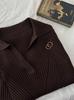 Suéter Tricô Pit Estilo Coreano Feminino Outono 2024 Novo Gola Lapela Slim Fit Emagrecedor Manga Longa Pulôver Camisa Base 5396